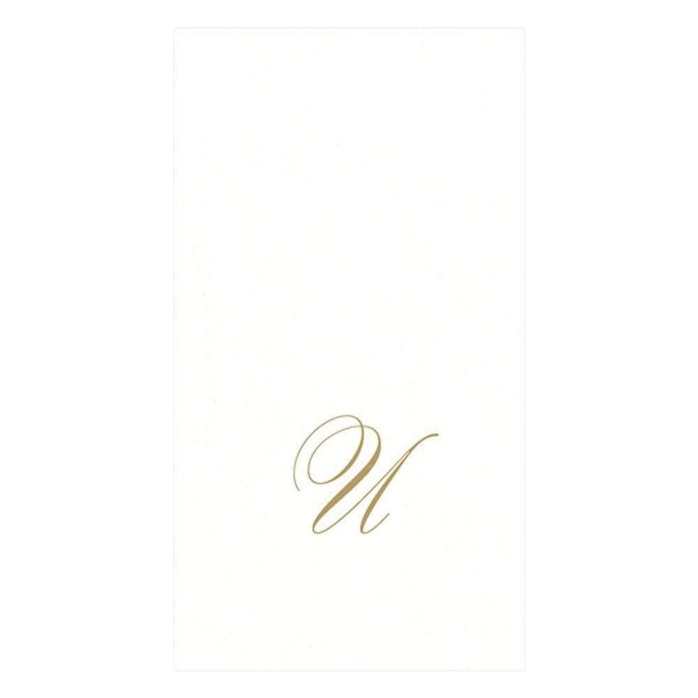 Caspari White Pearl & Gold Paper Linen Boxed Guest Towel Napkins in Letter U - Three Packs of 24