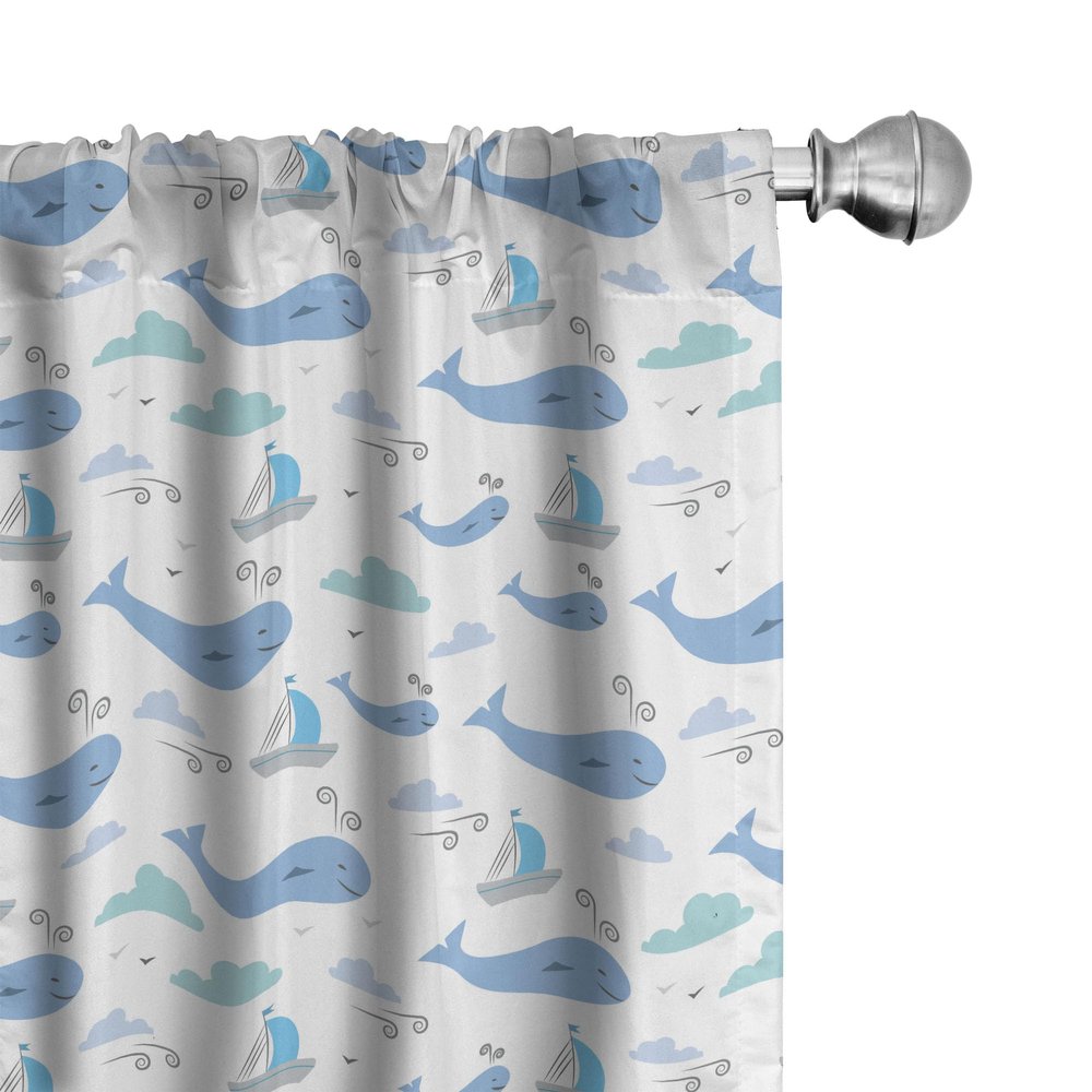 Ambesonne Whale Window Curtains, Marine Life Illustration Ships Clouds and Wind Happiness, Lightweight Decor 2-Panel Set with Rod Pocket, Pair of - 28" x 84", Pale Grey White and Blue