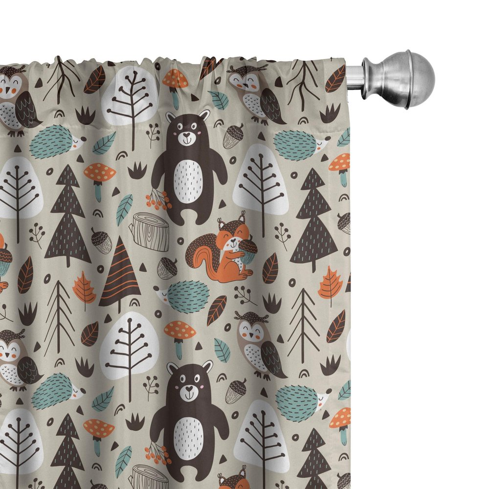 Ambesonne Cartoon Window Curtains, Repeating Pattern of Forest Animals and Bear Owl Squirrel Motif, Lightweight Decor 2-Panel Set with Rod Pocket, Pair of - 28" x 84", Coconut