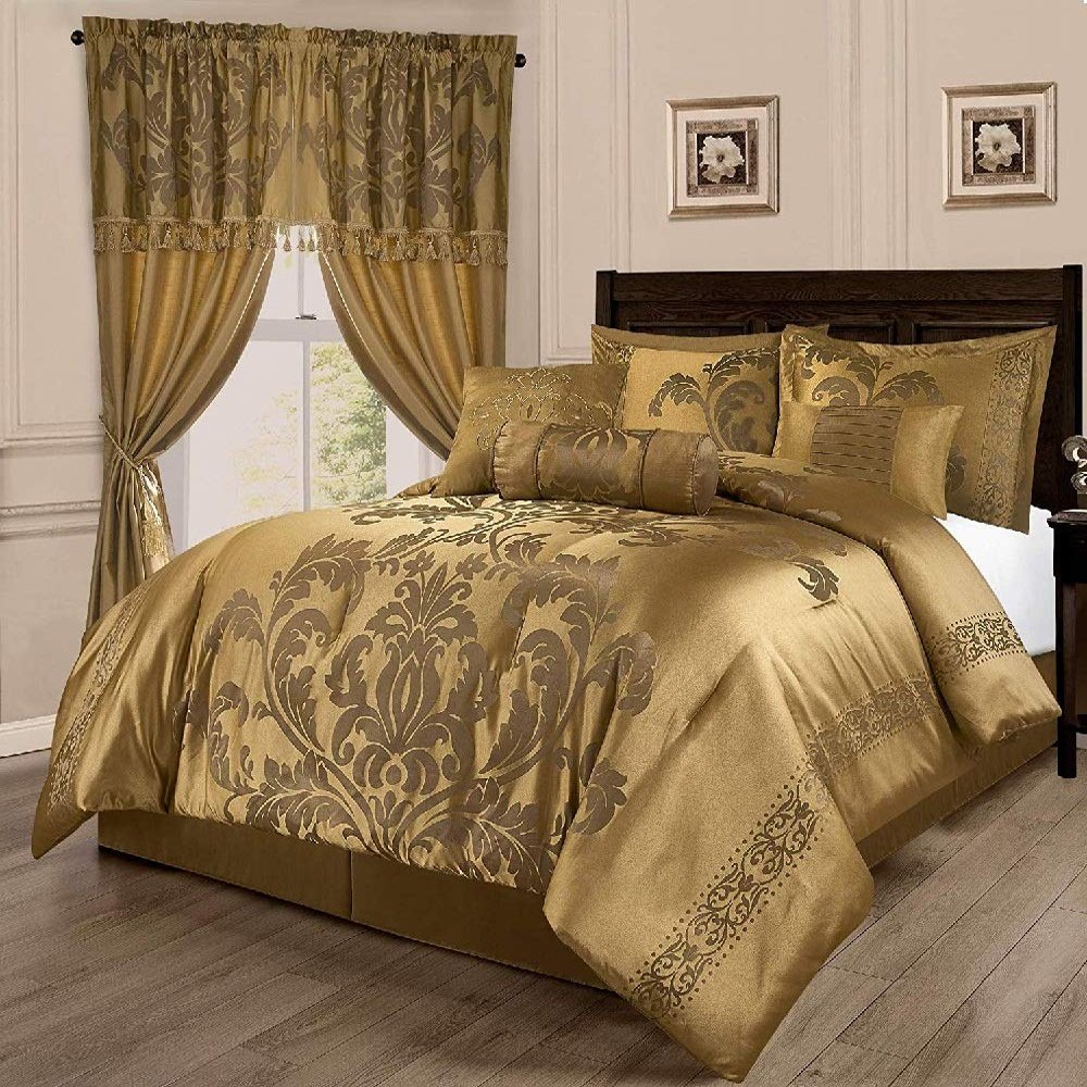 HNU 7 Piece Jacquard Comforter Set Full, Royal Look Beautiful Lux Floral Pattern Gold Bedding Bold Rich Soft Cozy Comfy, Bed Skirt Included