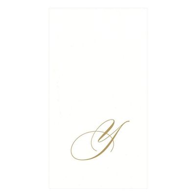 Caspari White Pearl & Gold Paper Linen Boxed Guest Towel Napkins in Letter Y - Two Packs of 24