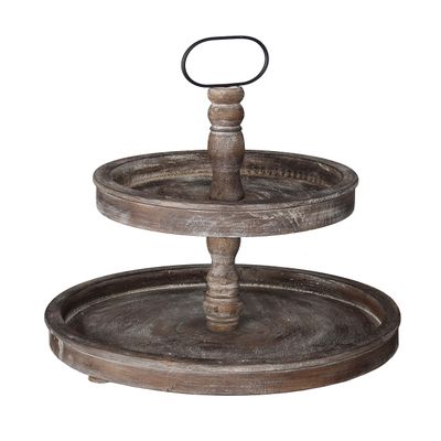Deluxe Lamp Distressed Antique White Wood Metal Handle 2-Tier Wooden Tray Dining Table Counter Home Decor (Antique Brown)
