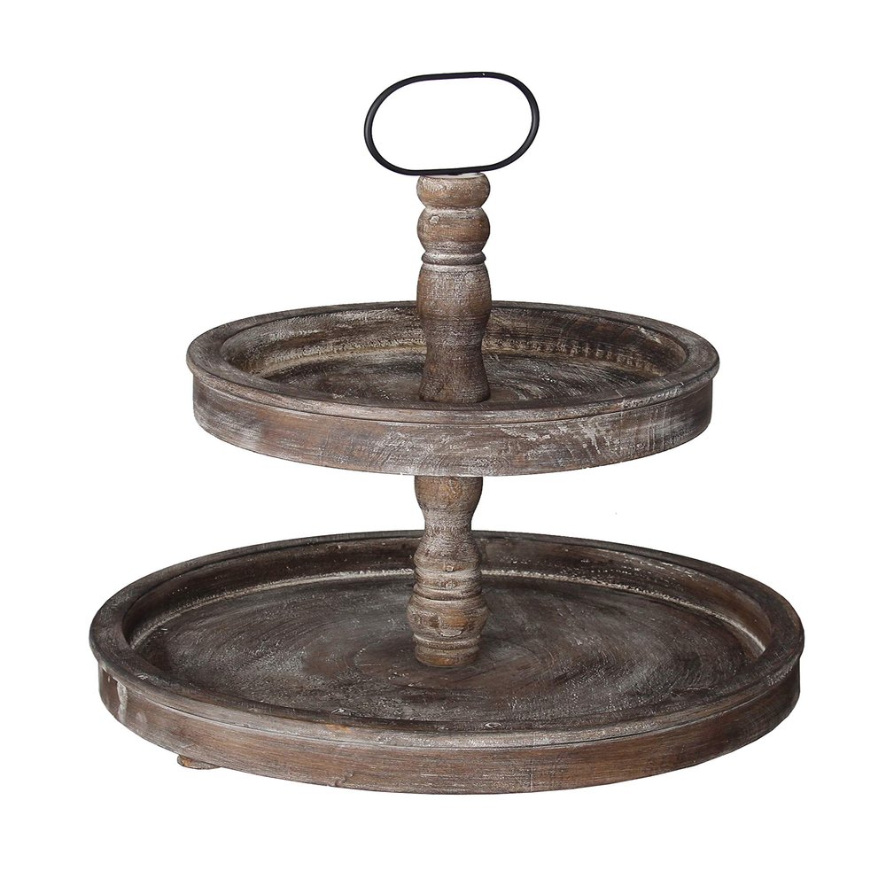 Deluxe Lamp Distressed Antique White Wood Metal Handle 2-Tier Wooden Tray Dining Table Counter Home Decor (Antique Brown)