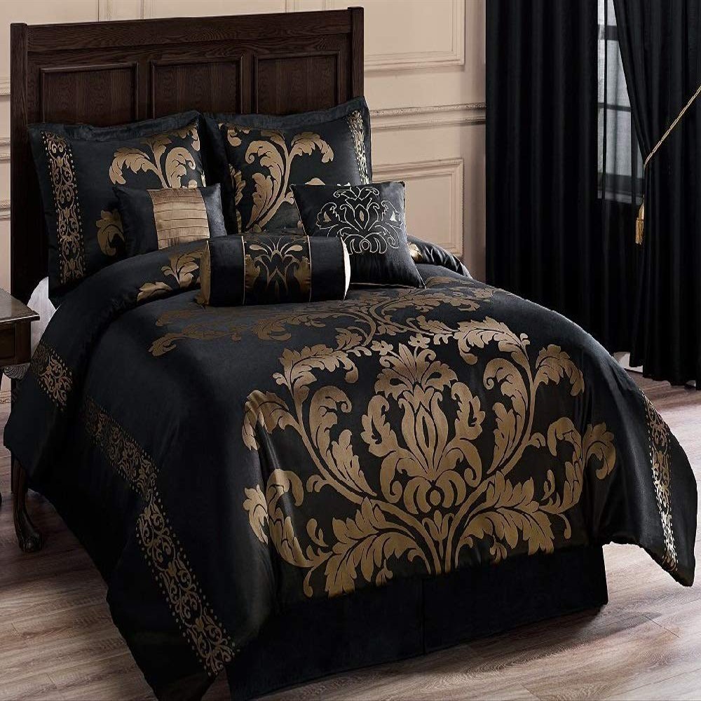 HNU 7 Piece Jacquard Comforter Set Cal King, Royal Look Beautiful Lux Floral Pattern Gold Black Bedding Bold Rich Soft Cozy Comfy, Bed Skirt Included