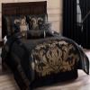 HNU 7 Piece Jacquard Comforter Set Cal King, Royal Look Beautiful Lux Floral Pattern Gold Black Bedding Bold Rich Soft Cozy Comfy, Bed Skirt Included view 1
