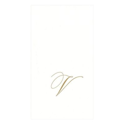 Caspari White Pearl & Gold Paper Linen Boxed Guest Towel Napkins in Letter V - Two Packs of 24