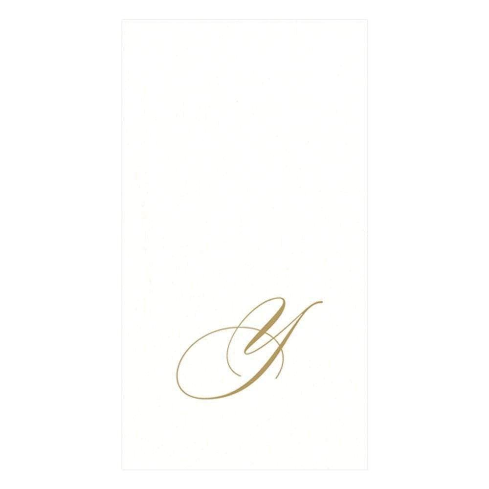 Caspari White Pearl & Gold Paper Linen Boxed Guest Towel Napkins in Letter Y - Three Packs of 24