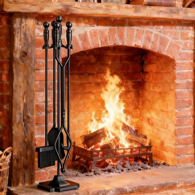 Fire Beauty Fireplace Tools Set 5 Pieces Wrought Iron Fireset Woodstove Log Tongs Holder Fire Kit Setwith Pedestal Place(32 Inches)