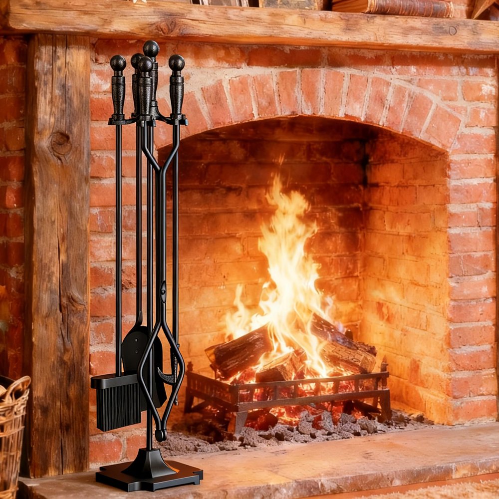 Fire Beauty Fireplace Tools Set 5 Pieces Wrought Iron Fireset Woodstove Log Tongs Holder Fire Kit Setwith Pedestal Place(32 Inches)