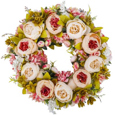 BOMAROLAN Artificial Peony Flower Wreath 19Inch Vintage Blooming Silk Peonies Spring Summer Fall Winter Large Wreaths Flower Green Leaves for Outdoor Front Door Indoor Wedding Wall Or Window Dcor