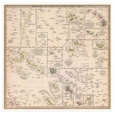 Antiguos Maps Elegant Polynesia or Islands in The Pacific Ocean circa 1840 | Art Print Poster Vintage Wall Decor | 18 x 24 inches (457 x 610 mm)