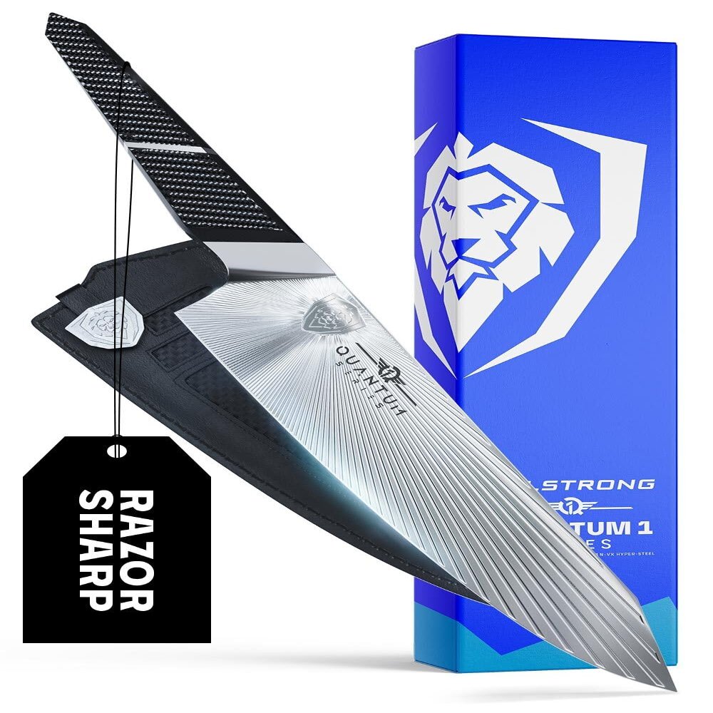 Dalstrong Chef Knife - 8.5 inch - Quantum 1 Series - Ultra-Sharp - American Forged BD1N-VX Hyper Steel - Carbon Fibre G10 Hybrid Handle - Premium Kitchen Knife - Leather Sheath
