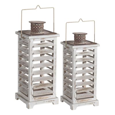 Benjara Wood and Metal Lanterns with Louvered Design, Set of 2, White