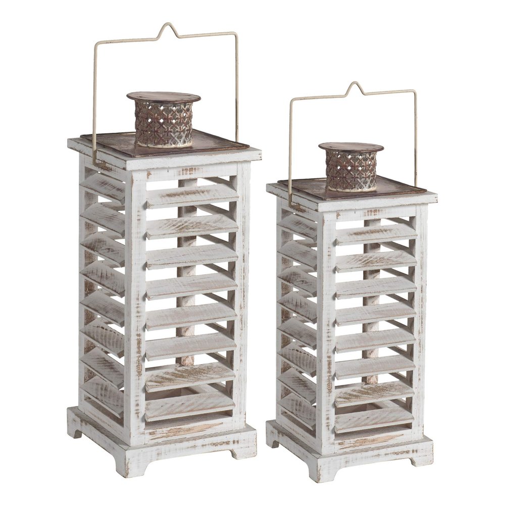 Benjara Wood and Metal Lanterns with Louvered Design, Set of 2, White