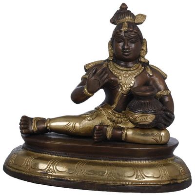 Exotic India Butter-Loving Krishna - Brass Statue - Color Amazing Brown Gold Color