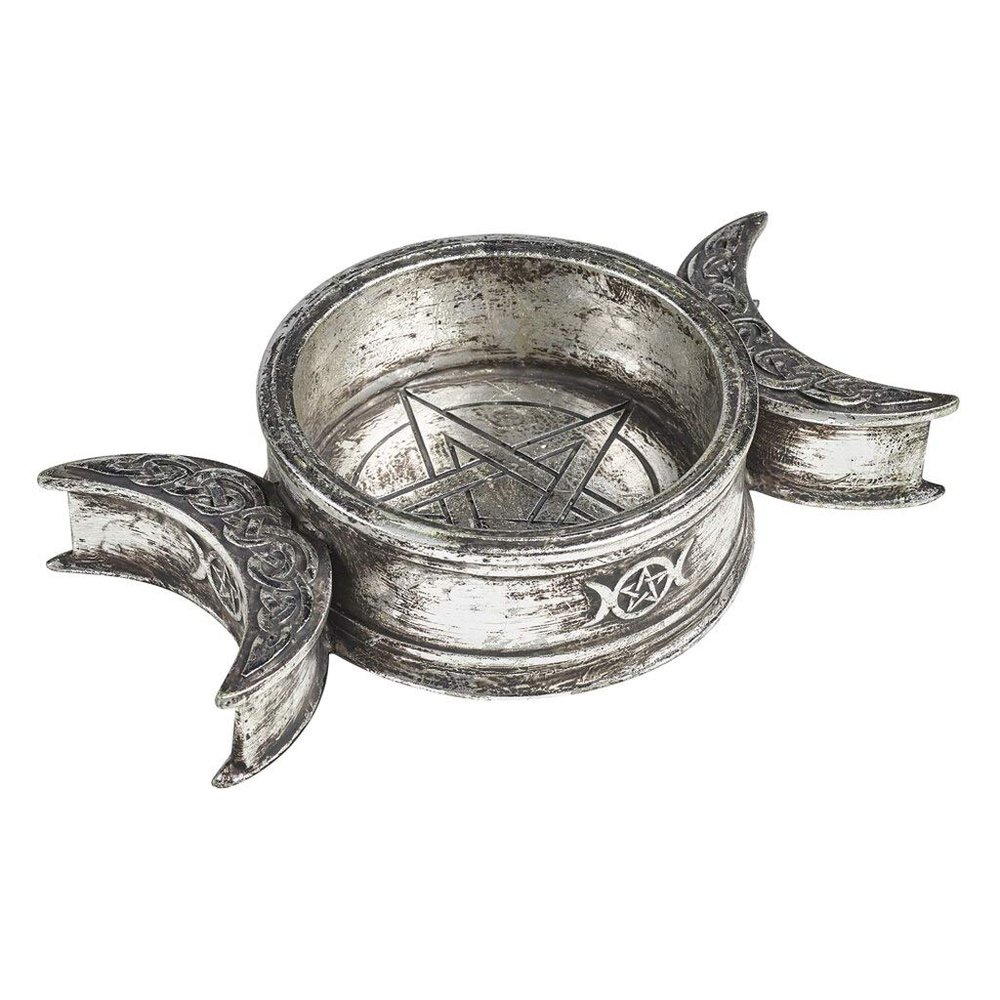 Alchemy Of England Triple Moon Trinket Dish / Candle Holder, Silver, Resin, Tabletop, Textured Finish, Casual Home Decor, Ritualistic / Ceremonial
