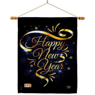Ornament Collection HS192047-BO-03 Gold Happy Winter New Year Decorative Vertical House Flag Set, 28"x 40" w/Flagpole, Multi-Color