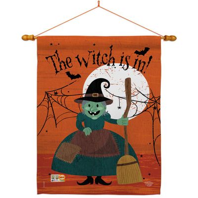 Breeze Decor HS191024-BO-03 Witch is in Fall Halloween Decorative Vertical House 28" x 40", Large Flag Set w Indoor Hanger