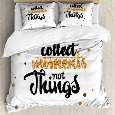Ambesonne Saying Duvet Cover Set, Calligraphic Graphic Theme in Yellow Golden Tone with Polka Dots Print, Decorative 3 Piece Bedding Set with 2 Pillow Shams, Queen Size, White and Pastel Brown