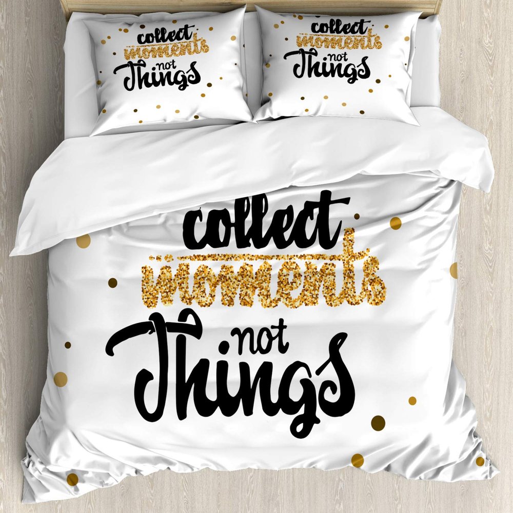 Ambesonne Saying Duvet Cover Set, Calligraphic Graphic Theme in Yellow Golden Tone with Polka Dots Print, Decorative 3 Piece Bedding Set with 2 Pillow Shams, Queen Size, White and Pastel Brown