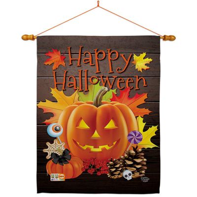 Breeze Decor HS192141-BO-03 Evil Pumpkin Fall Halloween Decorative Vertical House 28" x 40", Large Flag Set w Indoor Hanger
