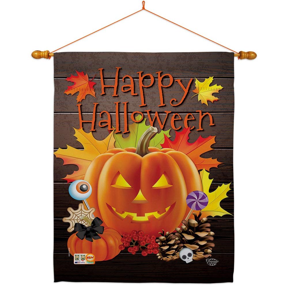 Breeze Decor HS192141-BO-03 Evil Pumpkin Fall Halloween Decorative Vertical House 28" x 40", Large Flag Set w Indoor Hanger