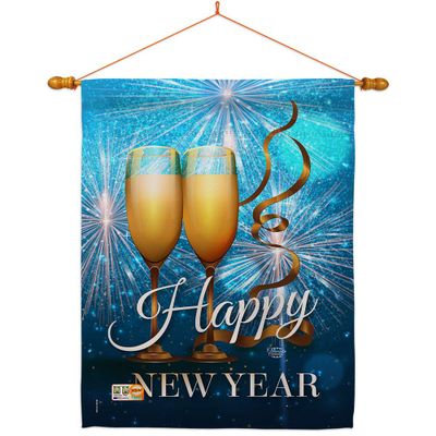 Ornament Collection HS191075-BO-03 Fireworks Winter New Year Decorative Vertical House Flag Set, 28"x 40" w/Flagpole, Multi-Color
