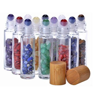 Lasenersm 10 Pieces 10ml Clear Glass Roll-on Bottles with Gemstone Roller Ball and Healing Crystal Chips Inside, Bamboo Lids - Personal Care, Aromatherapy, DIY Beauty or Wellness