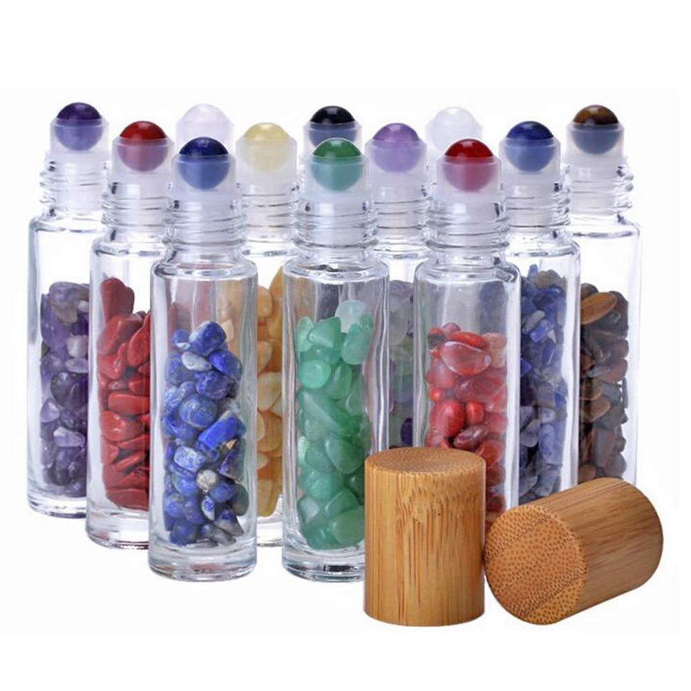 Lasenersm 10 Pieces 10ml Clear Glass Roll-on Bottles with Gemstone Roller Ball and Healing Crystal Chips Inside, Bamboo Lids - Personal Care, Aromatherapy, DIY Beauty or Wellness