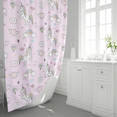 CB Smiles Unicorn Shower Curtain Girly Shower Curtains Unicorns Shower Curtain Girls Shower Curtains Kids Rainbow Shower Curtains Pink Shower Decor (W/21x34 Bath Mat)