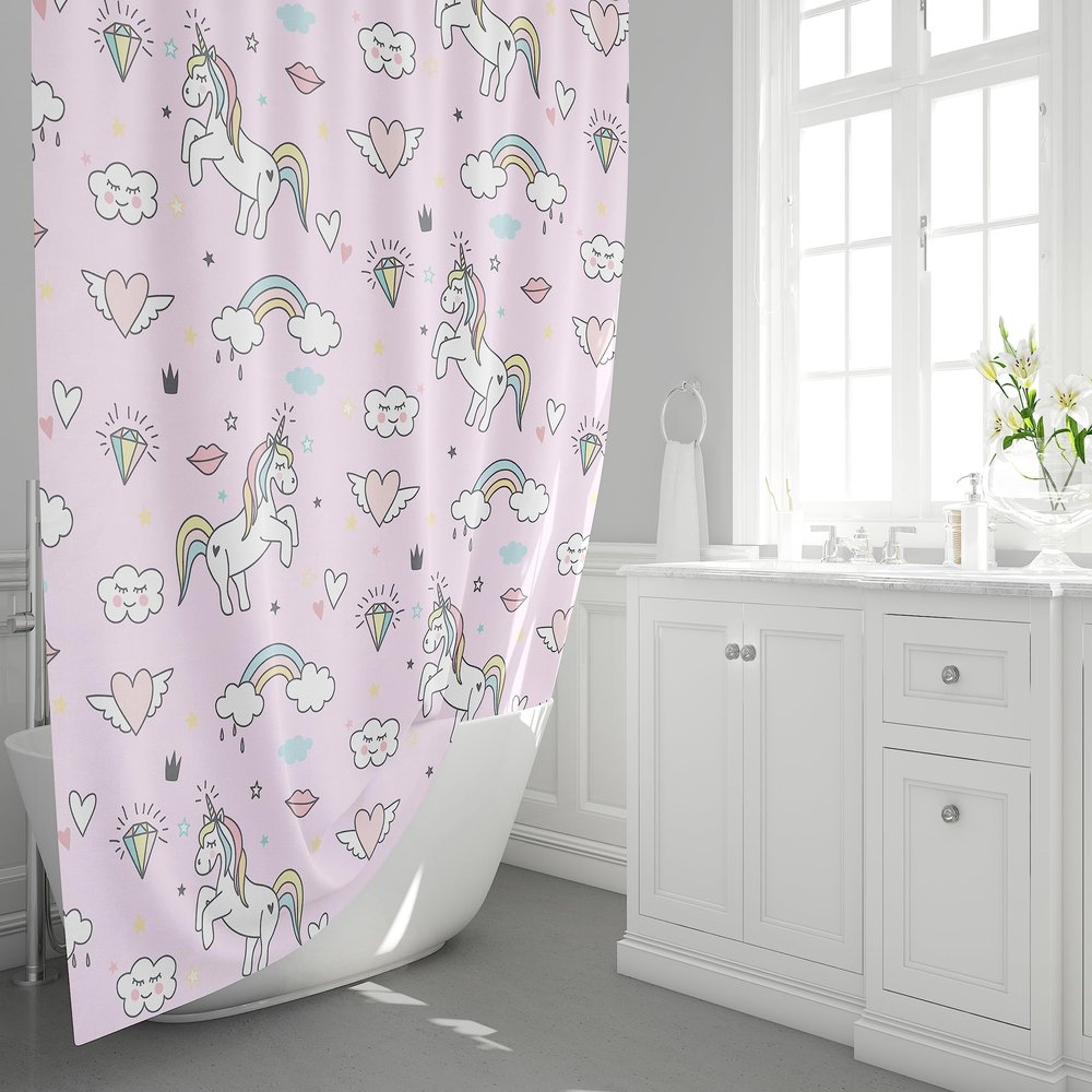 CB Smiles Unicorn Shower Curtain Girly Shower Curtains Unicorns Shower Curtain Girls Shower Curtains Kids Rainbow Shower Curtains Pink Shower Decor (W/21x34 Bath Mat)