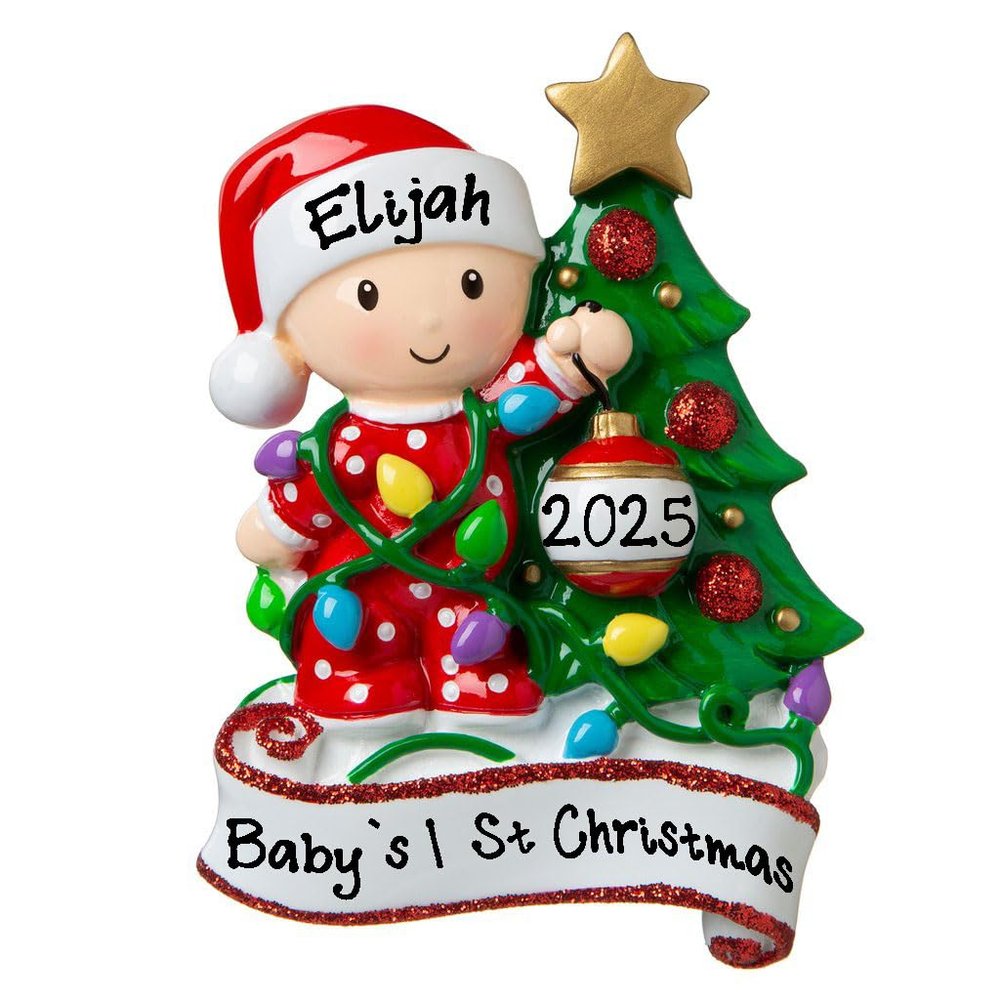 2025 New Baby Decorating Christmas Lights on Tree Personalized Baby`s First Christmas Hanging Tree Ornament New Born Baby Gift-Free Personalized (Red)