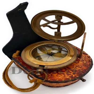 Delhi Arts Brass Sundial Compass with Leather Case and Leather Strip - Push Button Open Mechanism Vintage Compass- - Steampunk Accessory - Antiquated Finish - (Blank)