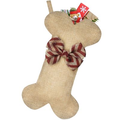 Malier New Linen Large Christmas Stocking for Dogs Cats Pets Jute Natural Burlap Dog Bone Shape Hanging Dog Christmas Stocking
