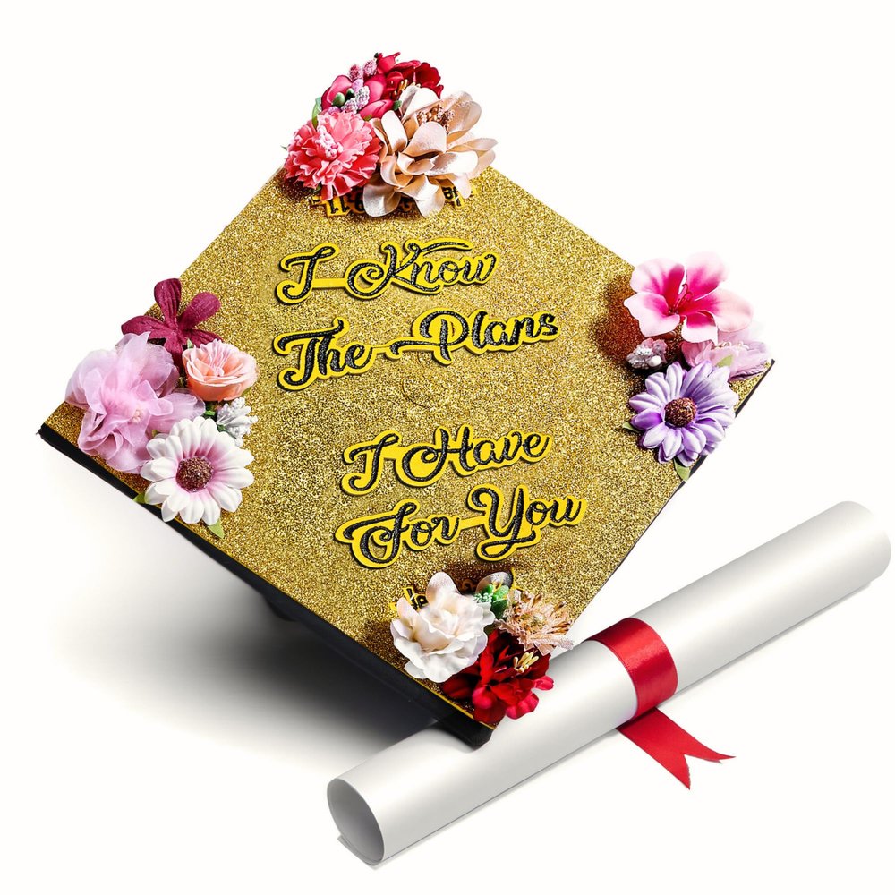 GRADWYSE Gold Glitter Graduation Cap Topper with Flowers, Graduation Cap Decorations, Class of 2025 Grad Cap Topper, for I Know The Plans I Have for You