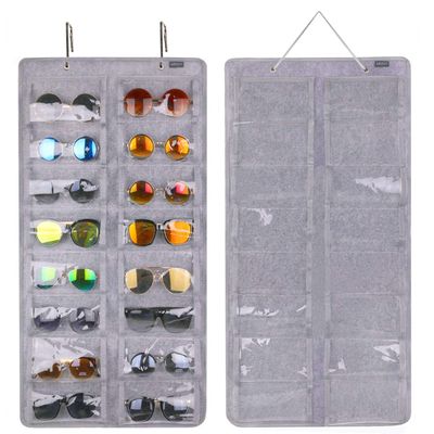 AROUY Sunglasses Organizer Storage, Hanging Dust Proof Wall Pocket Glasses Organizer - 16 Felt Slots Sunglass Organizers Holder with Metal Hook and Sturdy Rope (Gray, Dust Proof)