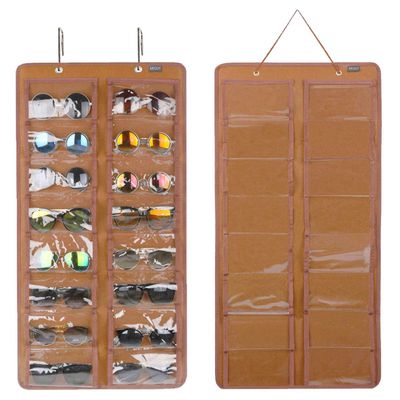 AROUY Sunglasses Organizer Storage, Hanging Dust Proof Wall Pocket Glasses Organizer - 16 Felt Slots Sunglass Organizers Holder with Metal Hook and Sturdy Rope (Brown, Dust Proof)