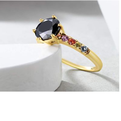 Bansriracha 925 Sterling Silver Rainbow Ring for Women 14K Gold Plated Colorful Gemstones Wedding Band Ring Silver 925 Black Agate (10)