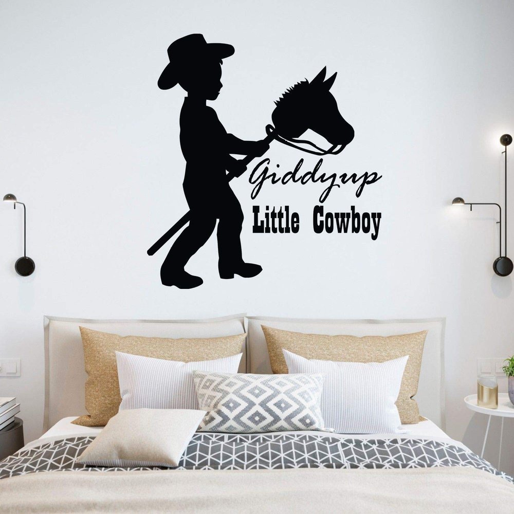Giddy Up Little Cowboy Quote Quotes Decals for Boys Bedroom / Cowboys Hat Boots Boys Boy Childrens Toddlers Bedrooms art vinyl stickers decor / Country Look Horses Horse Animal Love Size 40x40 inch