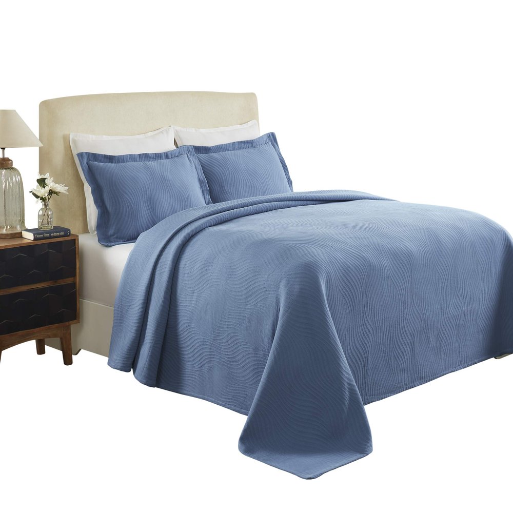 BNM Oversized Wave Design Matelasse Cotton Bedspread, Jacquard Weave, Soft and Breathable, All-Season, Cozy, Lightweight, Perfect for Master or Guest Bedroom, Matching Pillow Shams, King, Denim Blue