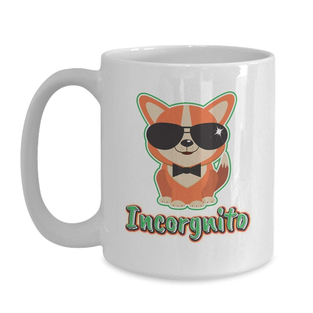 BeeTeeStore Funny Corgi Puppy Mug - Incorgnito Design - 15oz White Ceramic Coffee Cup - Dog Mom Gift