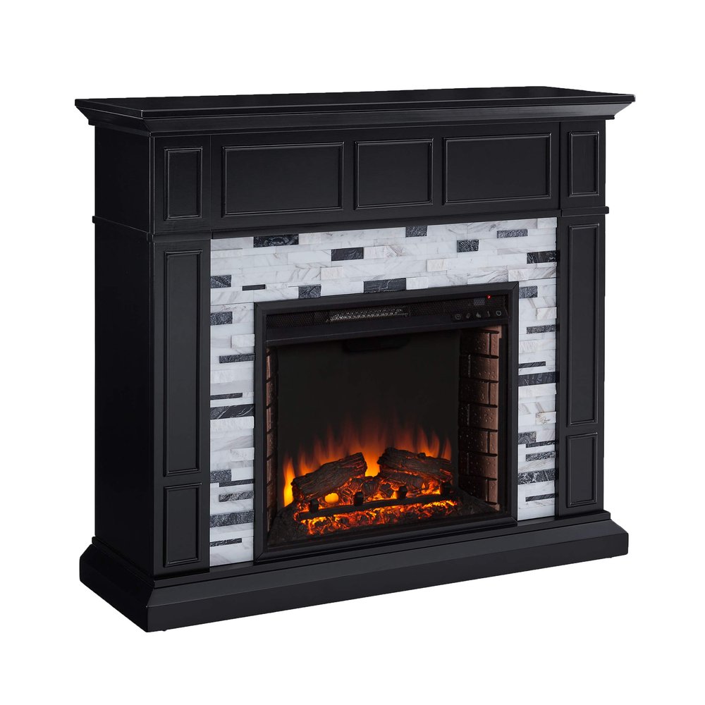 SEI Furniture Drovling Marble Tiled Electric Fireplace, Black-White-Gray