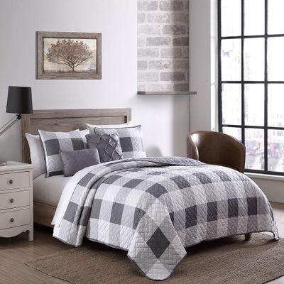 Addison Home 5-Piece Buffalo Plaid Queen Comforter Set Bed in a Bag, Lightweight Ultra-Soft Microfiber, Reversible Comfortable Bedding Set, Hypoallergenic Bedspread, Queen, Gray and White