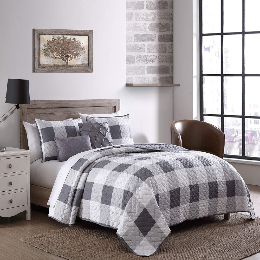 Addison Home 5-Piece Buffalo Plaid Queen Comforter Set Bed in a Bag, Lightweight Ultra-Soft Microfiber, Reversible Comfortable Bedding Set, Hypoallergenic Bedspread, Queen, Gray and White