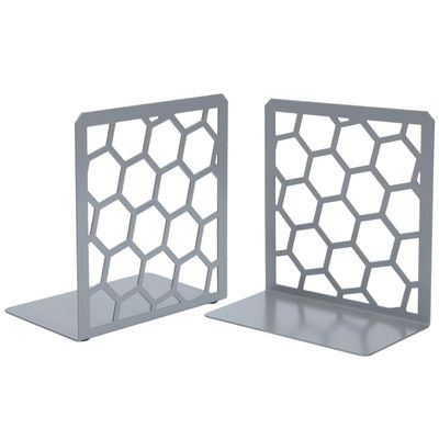 Gray Geometric Honeycomb Metal Bookends - Book Ends for Shelves - Decorative Modern Heavy Duty Bookend Stopper - Book Ends for Heavy Books - Home Office Book Holder - 1 Pair, 6x3.25x6.25 in