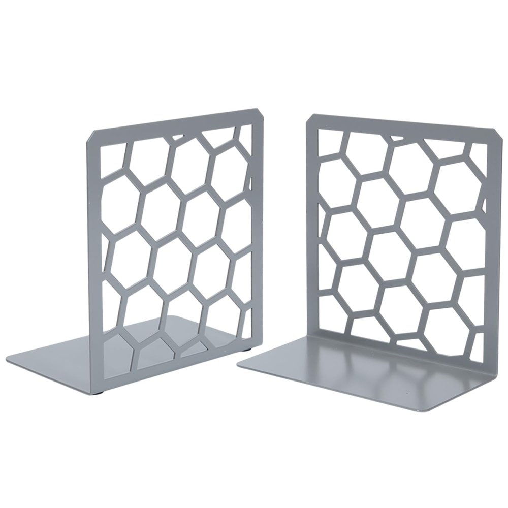 Gray Geometric Honeycomb Metal Bookends - Book Ends for Shelves - Decorative Modern Heavy Duty Bookend Stopper - Book Ends for Heavy Books - Home Office Book Holder - 1 Pair, 6x3.25x6.25 in