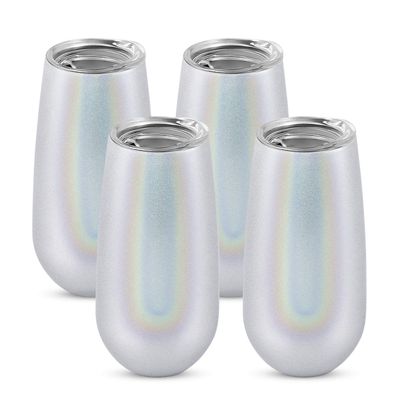 4 Pack Stemless Double Insulated Champagne Flute Tumbler with Lid, 6 Oz Unbreakable Reusable Cocktail Champagne Toasting Glasses, Great Gift for Friends Family Christmas Birthday, Glitter White