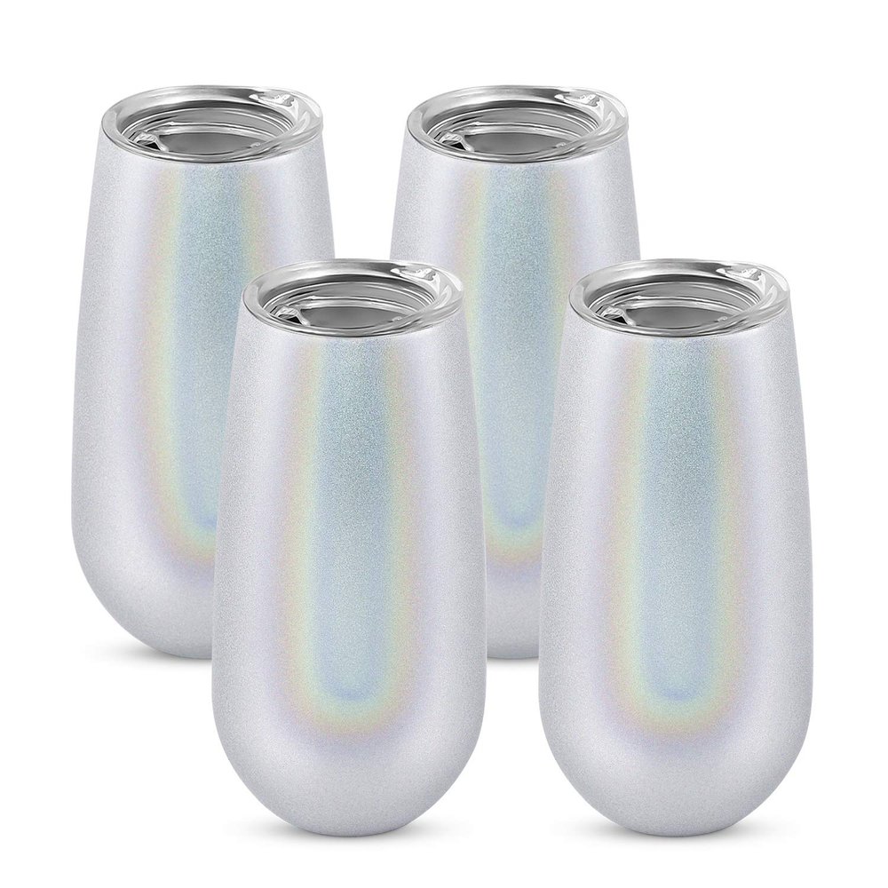 4 Pack Stemless Double Insulated Champagne Flute Tumbler with Lid, 6 Oz Unbreakable Reusable Cocktail Champagne Toasting Glasses, Great Gift for Friends Family Christmas Birthday, Glitter White