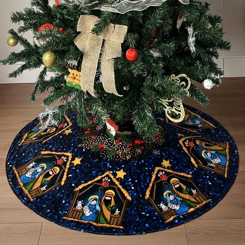 ALASFC Christmas Tree Skirt 35.5 Inch,Nativity Stable Scene Print Rustic Xmas Tree Holiday Decorations