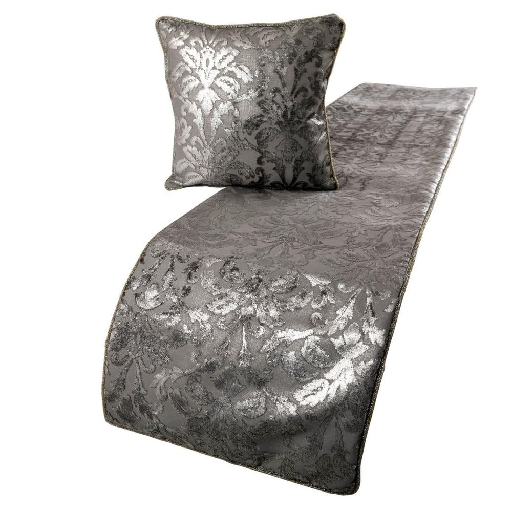 The HomeCentric Silver Bed Runner, Twin Size 53"x18" Decorative Bed Runner with Matching Pillow Cover, Silver & Grey Velvet Bed Scarf in Foil Velvet Bead Border - Silver Glitterati
